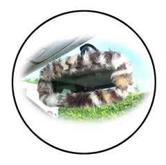 Fuzzy faux fur rear view interior car mirror cover in choice of print