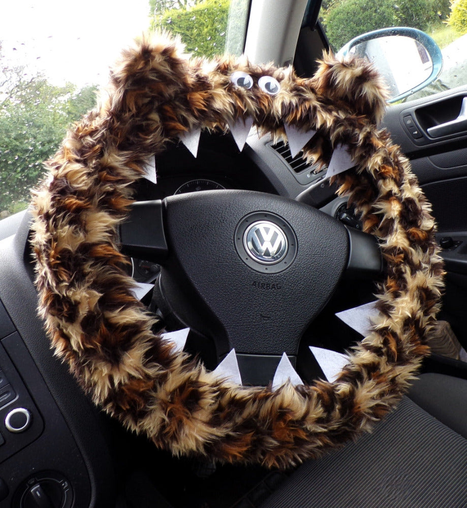 Fuzzy Monster car steering wheel cover Printed faux fur choice of print Leopard