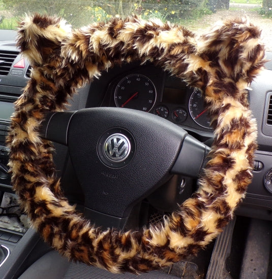 Fuzzy Monster car steering wheel cover Printed faux fur choice of print Leopard print (No Eyes or Teeth)