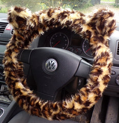 Fuzzy Monster car steering wheel cover Printed faux fur choice of print Leopard print (No Eyes or Teeth)