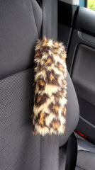 Fuzzy faux fur seatbelt pads in a choice of print's leopard