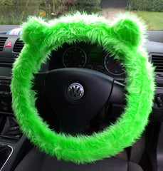Fuzzy Monster car steering wheel cover Plain faux fur choice of colour Lime Green (No Eyes or Teeth)