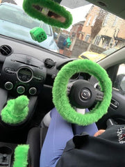 Bright Lime Green fuzzy faux fur car steering wheel cover