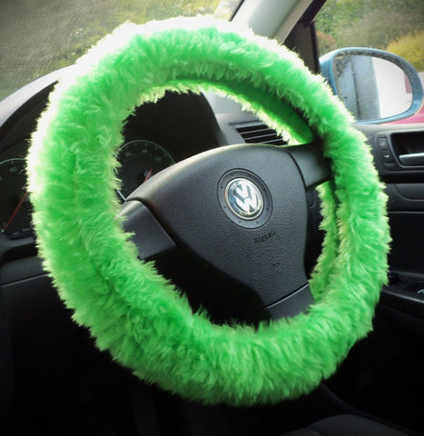 Bright Lime Green fuzzy faux fur car steering wheel cover