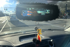 Black faux fur rear view interior car mirror cover