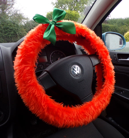 Pumpkin Orange fuzzy faux fur car steering wheel cover with green satin bow