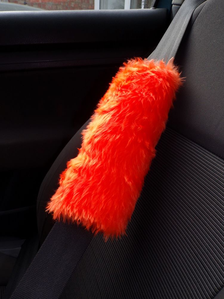 Fuzzy faux fur Orange car seatbelt pads furry and fluffy 1 pair
