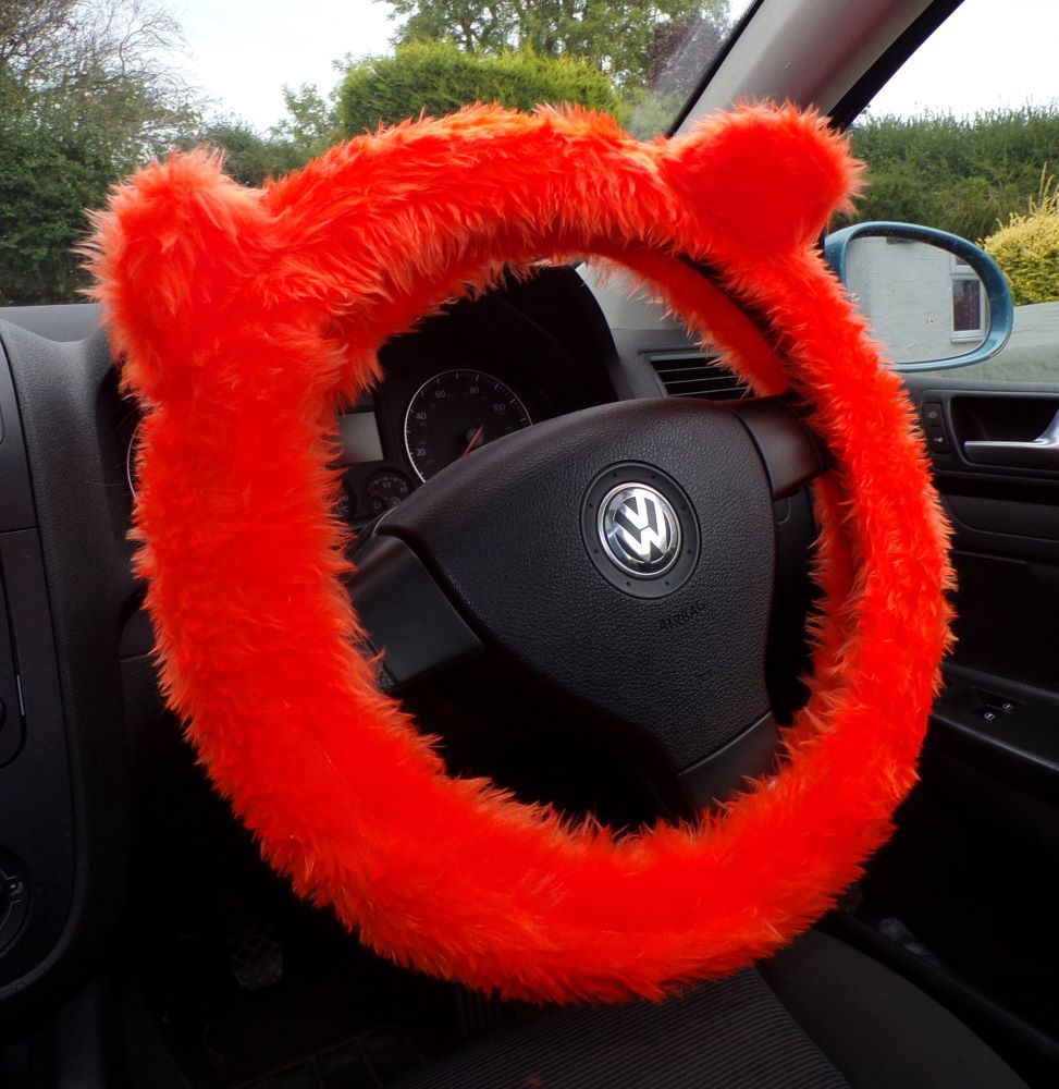 Orange fuzzy Steering Wheel Cover with Ears
