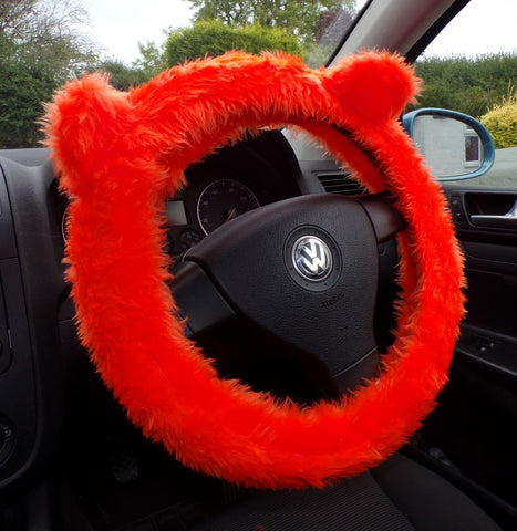 Orange fuzzy Steering Wheel Cover with Ears