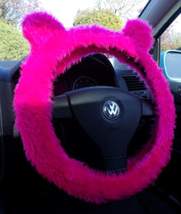 Bright Pink fuzzy Steering Wheel Cover with Ears