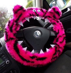 Fuzzy Monster car steering wheel cover Printed faux fur choice of print Pink Tiger