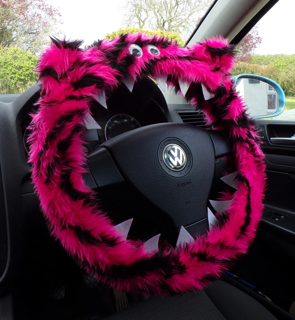Pink and black Tiger stripe fuzzy Monster steering wheel cover