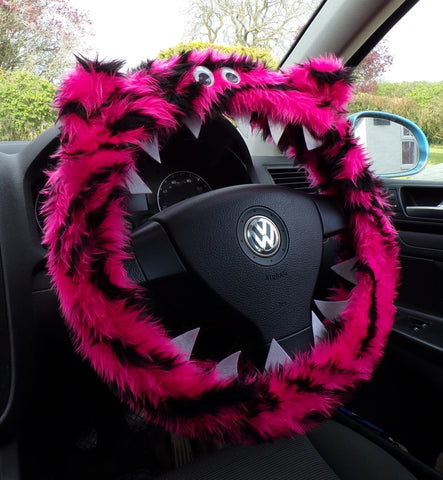 Pink and black Tiger stripe fuzzy Monster steering wheel cover