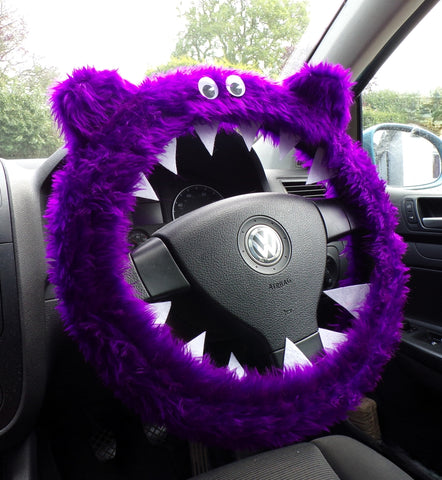 Fuzzy Purple Monster faux fur car steering wheel cover