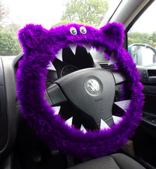 Fuzzy Monster car steering wheel cover Plain faux fur choice of colour Purple
