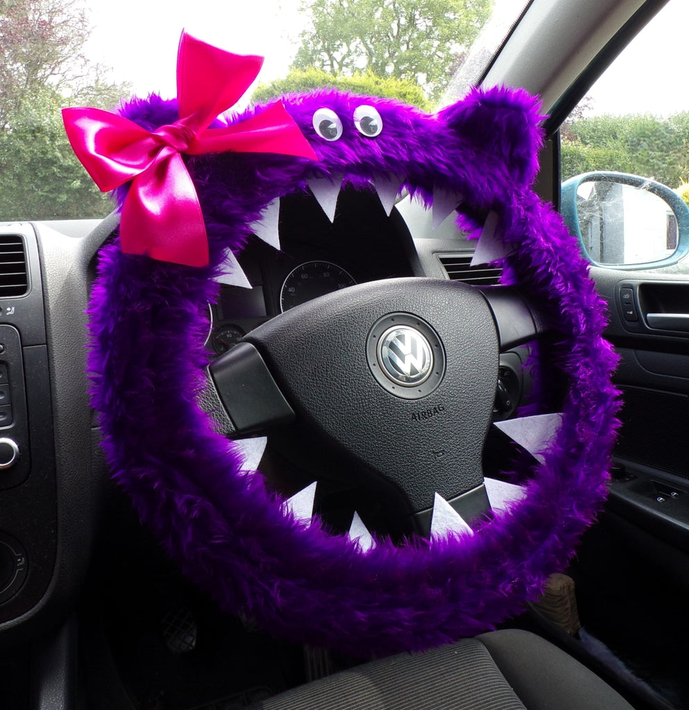 Fuzzy Purple faux fur monster car steering wheel cover with cute pink bow