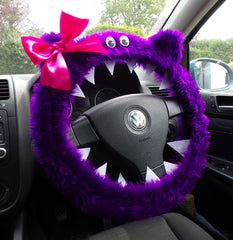 Fuzzy Purple faux fur monster car steering wheel cover with cute pink bow