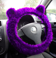 Fuzzy Monster car steering wheel cover Plain faux fur choice of colour Purple with ears, no eyes no teeth