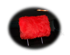 1 pair of Plain furry faux fur fluffy fuzzy plain car seat headrest covers choice of colour Red