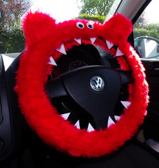 Fuzzy Monster car steering wheel cover Plain faux fur choice of colour Red