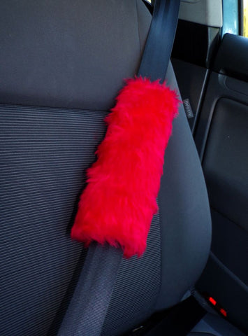 Fuzzy faux fur red seatbelt pads 1 pair