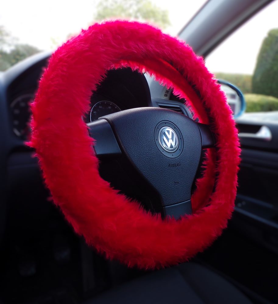 Racing Red fuzzy faux fur car steering wheel cover