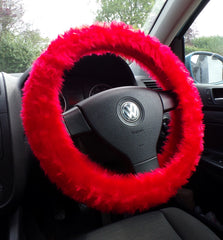 Racing Red fuzzy faux fur car steering wheel cover