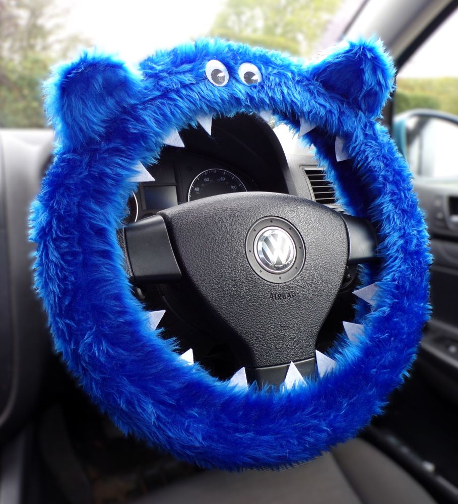 Royal Blue fluffy Monster car steering wheel cover