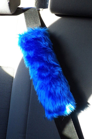 Fuzzy royal blue fluffy car seatbelt pads faux fur 1 pair