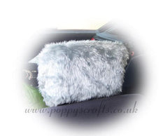 1 pair of Plain furry faux fur fluffy fuzzy plain car seat headrest covers choice of colour Silver