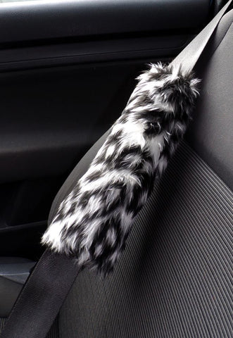 Snow Leopard print faux fur car seatbelt pads 1 pair