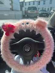 Baby pink faux fur Monster car steering wheel cover with pink bow