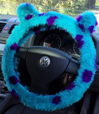 Spotty Monster print fuzzy Steering Wheel Cover with Ears