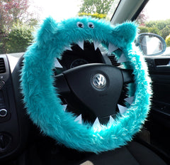 Fuzzy Monster car steering wheel cover Plain faux fur choice of colour Teal Turquoise