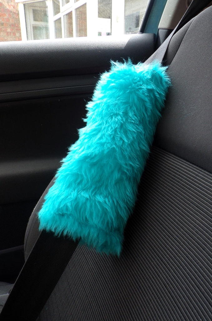 Turquoise Teal fuzzy faux fur car seatbelt pads furry 1 pair