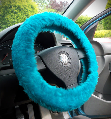 Teal Turquoise fuzzy faux fur car steering wheel cover