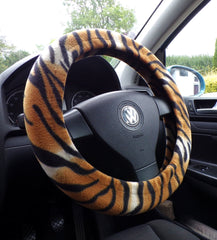 Gold and black tiger stripe fleece car steering wheel cover