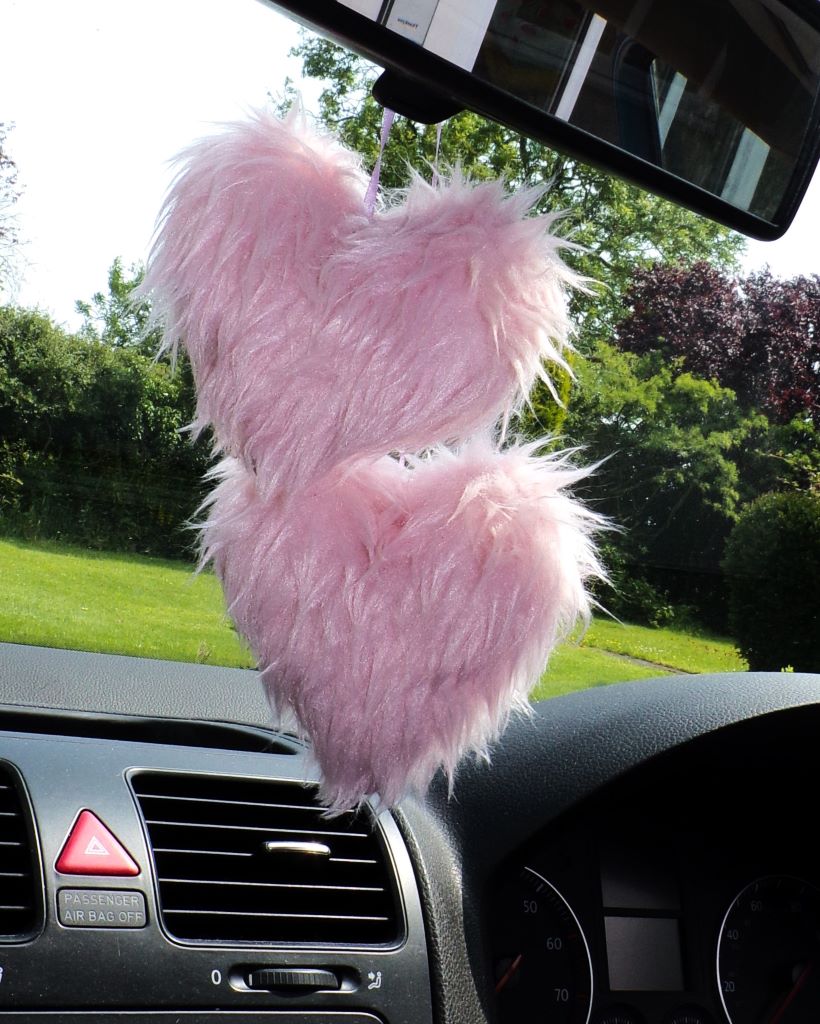 Cute Baby Pink twin hearts Fluffy faux fur car / home hanging