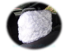 1 pair of Plain furry faux fur fluffy fuzzy plain car seat headrest covers choice of colour White