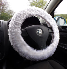 White fuzzy faux fur car steering wheel cover