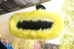 Sunshine Yellow faux fur rear view interior car mirror cover