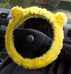 Fuzzy Monster car steering wheel cover Plain faux fur choice of colour Yellow (No Eyes or Teeth)