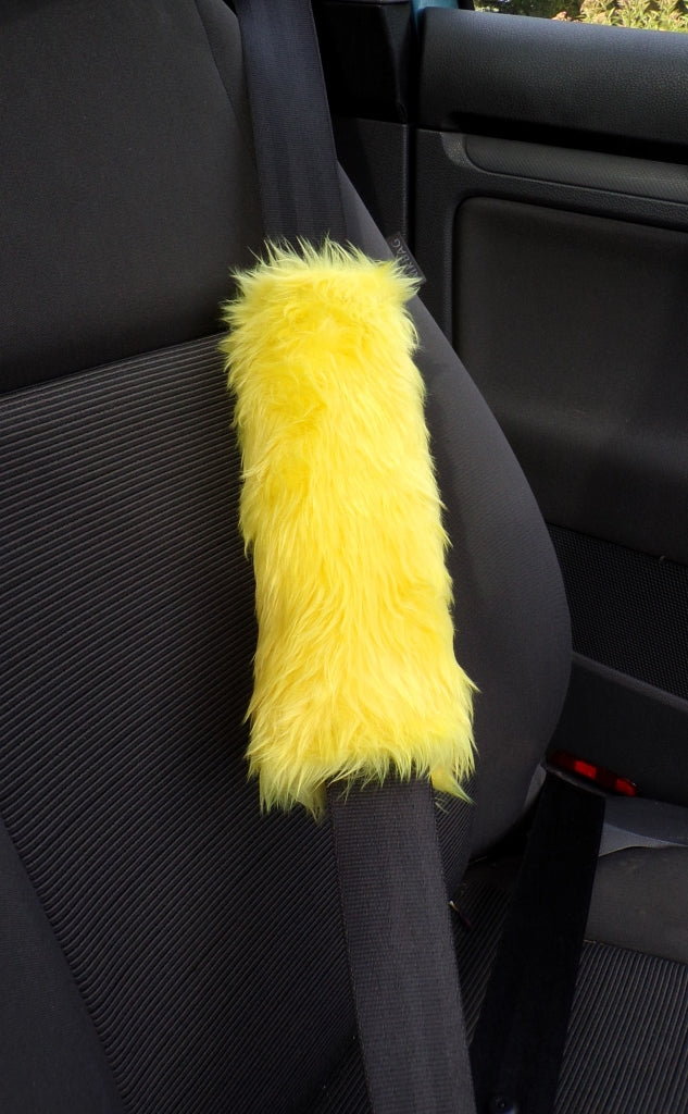 Yellow fuzzy faux fur car seatbelt pads 1 pair