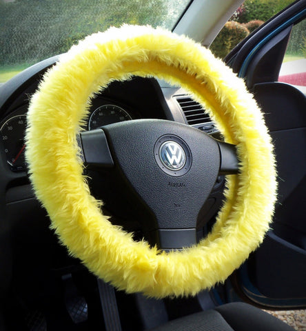 Sunshine Yellow fuzzy faux fur car steering wheel cover