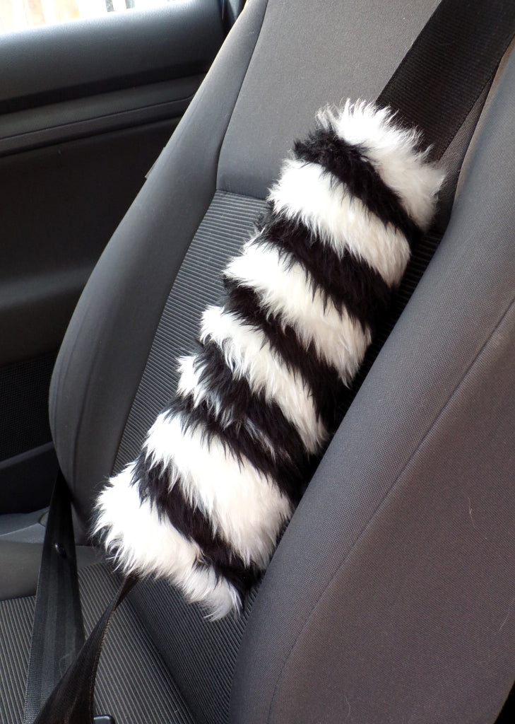 Zebra print fuzzy car seatbelt pads black and white stripe 1 pair