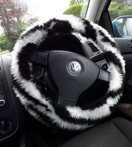Black and white faux fur Zebra Stripe fuzzy car steering wheel cover