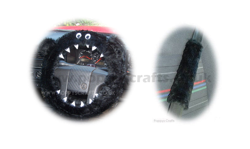 Furry Black Monster Car Steering wheel cover & fuzzy black seatbelt pad set