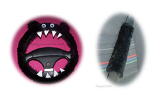 Furry Black Monster Car Steering wheel cover & fuzzy black seatbelt pad set