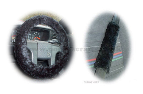 Black fuzzy steering wheel cover and matching faux fur seatbelt pads