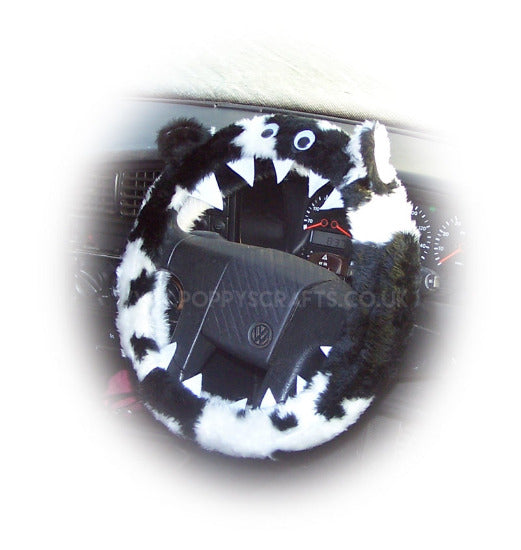 Fuzzy Monster car steering wheel cover Printed faux fur choice of print Black & White Cow print